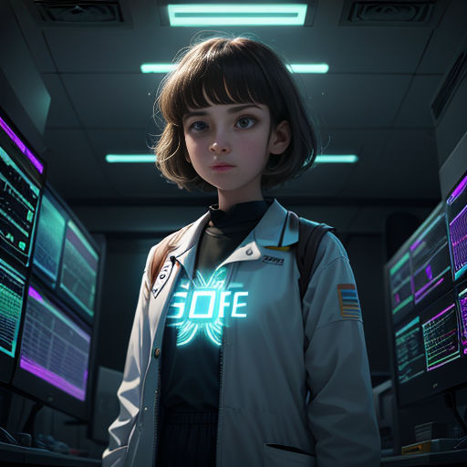 a woman standing in front of a bunch of computer monitors in a room with neon lights on the ceiling