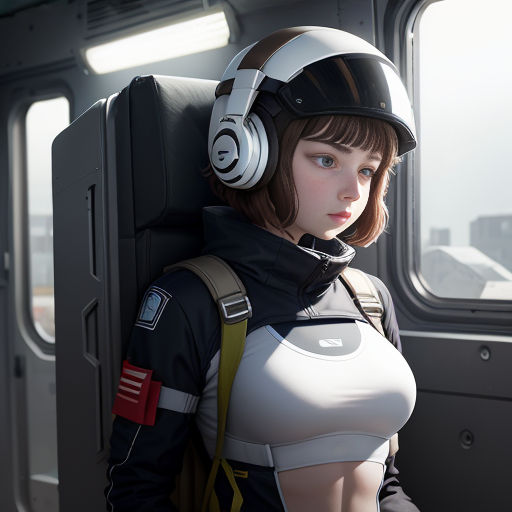 a woman wearing headphones and a helmet on a train car with a window in the background and a city skyline