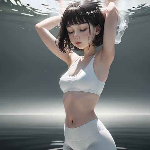 a woman in a white bikini top under water with her arms behind her head and her head above her head