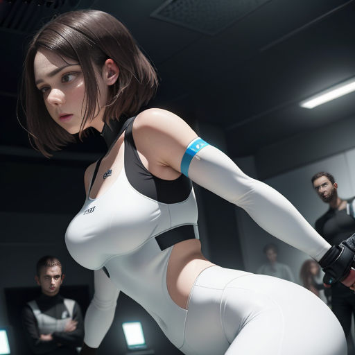 a woman in a white suit is posing for a picture with a man in the background in a futuristic setting