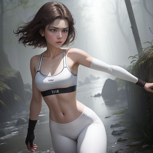 a woman in a white bra top and white pants in a forest with a stream and rocks in the background