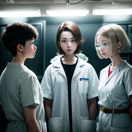 three doctors standing in a room looking at each other with a light on above them and a mirror behind them