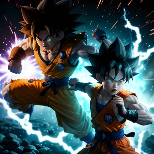 two characters are fighting in a dark background with lightnings in the background and a blue sky behind them