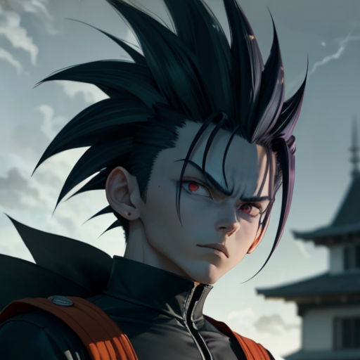 a man with black hair and red eyes standing in front of a building with a castle in the background