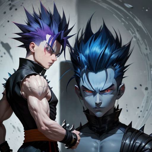 two anime characters with blue hair and black clothes, one with blue eyes and one with blue hair and one with blue hair