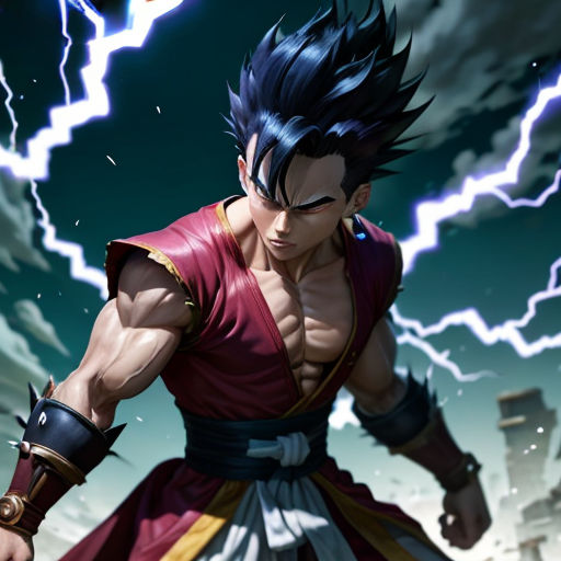 a man with a sword in his hand and lightning in the background of the image, with a sky background