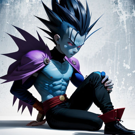 a man with a weird hair sitting on the ground with his hands on his knees and his legs crossed