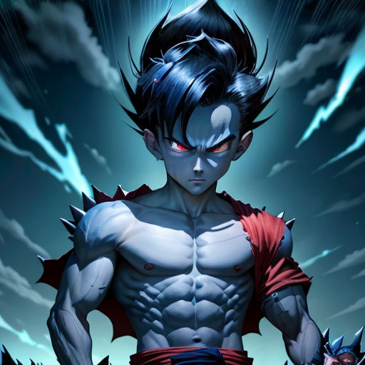 a man with a demon face and a sword in his hand, with a sky background and clouds in the background