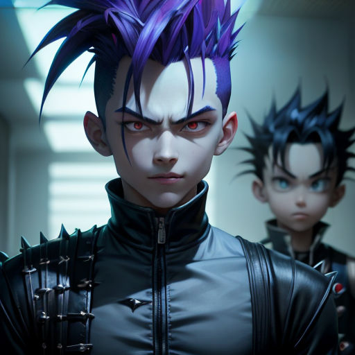 a couple of anime characters with purple hair and black clothes, one with red eyes and the other with blue hair