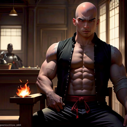 a man sitting in a chair with a fire in his lap and a man in the background with a sword