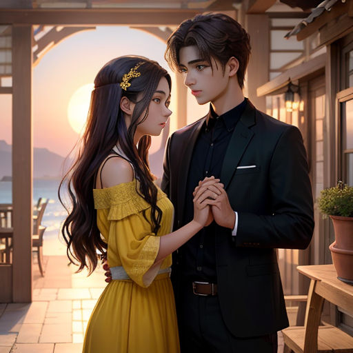 a man and a woman standing next to each other near a building with a sunset in the background and a bench