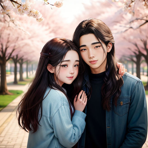 a couple of people standing next to each other under a tree with pink flowers on it's branches