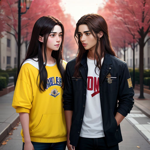two young people standing next to each other on a sidewalk in front of trees with red leaves on them