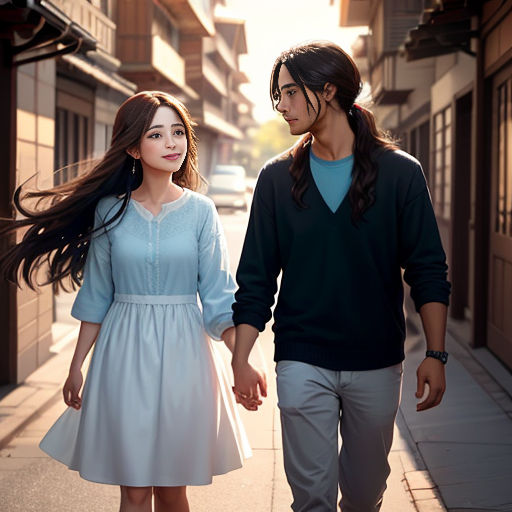 a man and a woman walking down a street holding hands and looking at each other with long hair in the wind