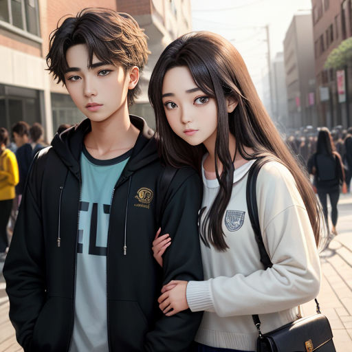 a couple of people standing next to each other on a street with people walking by them and buildings in the background