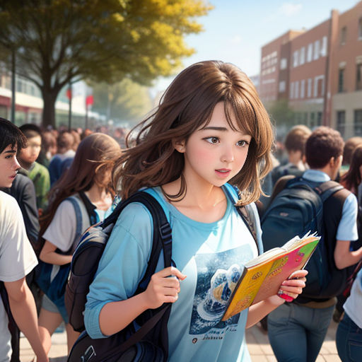 a girl is walking down the street with a book in her hand and a backpack on her shoulder and a backpack on her shoulder