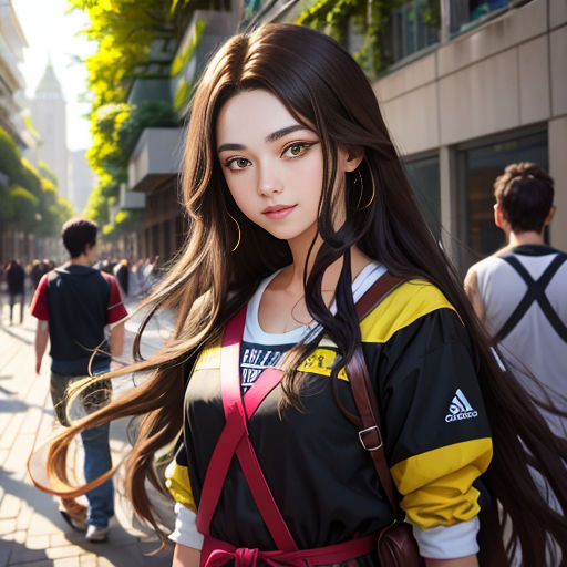 a woman with long hair and a backpack on a street corner with people walking by her and a man walking by her