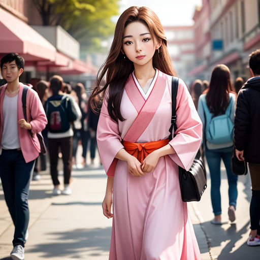 a woman in a pink kimono walking down a street with people walking by onlookers in the background