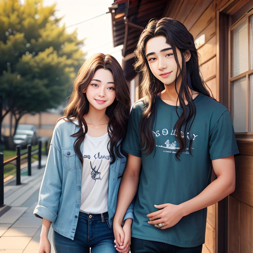 a couple of people standing next to each other near a building and trees and a fence with a car