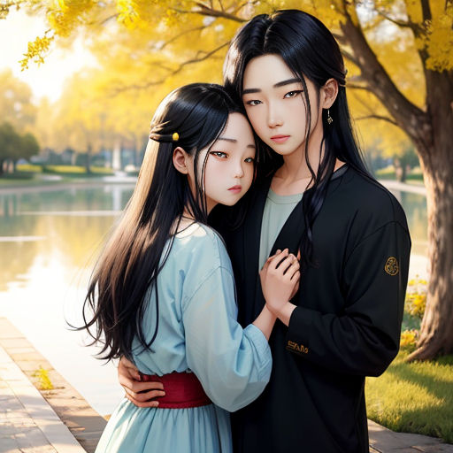 a couple of people standing next to each other near a tree and water with a lake in the background