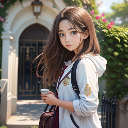 a girl in a white jacket is holding a cell phone and looking at the camera with a serious look on her face