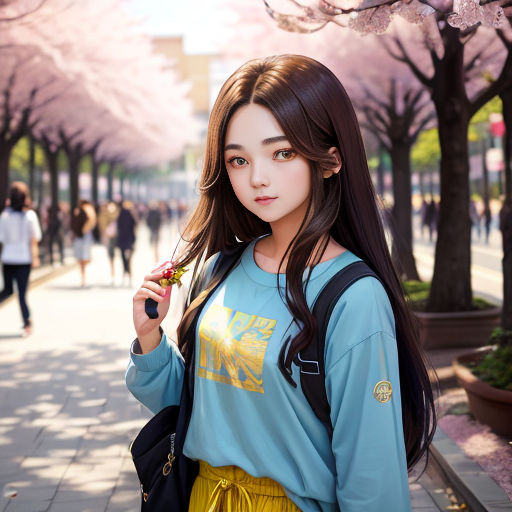a woman standing on a sidewalk holding a flower in her hand and a backpack on her shoulder, with cherry blossoms in the background