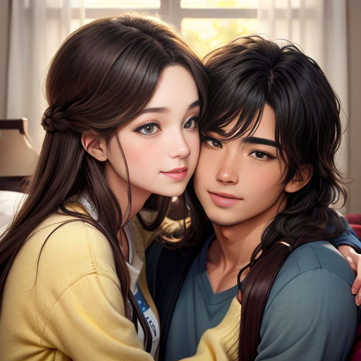 a couple of people that are hugging each other in a room with a window behind them and a red couch