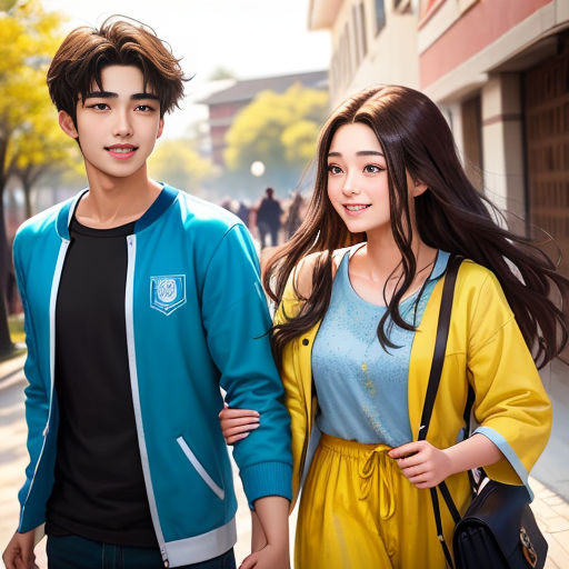 a young man and woman walking down a street together, holding hands and smiling at the camera, with a man in the background