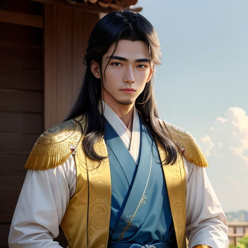 a man in a chinese costume standing in front of a building with a sky background and clouds in the background