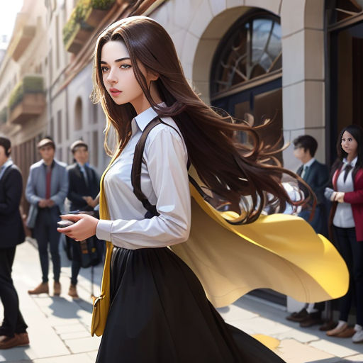 a woman dressed in a school uniform is walking down the street with a long hair and a cape on