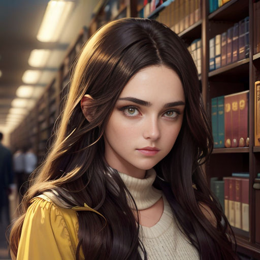 a woman standing in front of a book shelf filled with books and bookshelves with people walking by