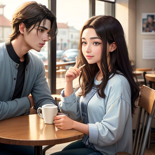 a man and a woman sitting at a table with a cup of coffee in front of them, looking at each other