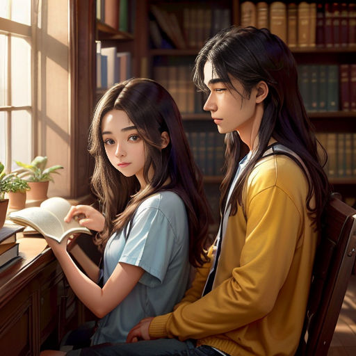 a couple of people sitting at a desk with a book in front of them and a plant in the background