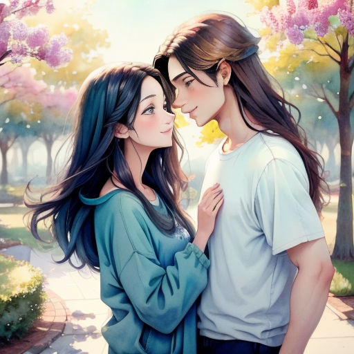 a couple kissing each other in front of a tree filled with flowers and a sky background with pink flowers
