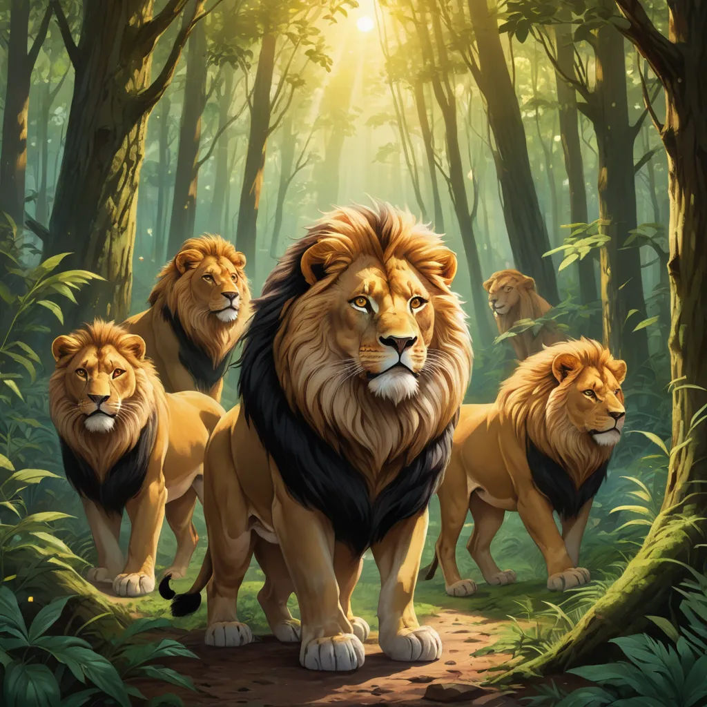 a group of lions walking through a forest filled with trees and bushes, with the sun shining through the trees, furry art, an album cover, Brothers Hildebrandt, official art