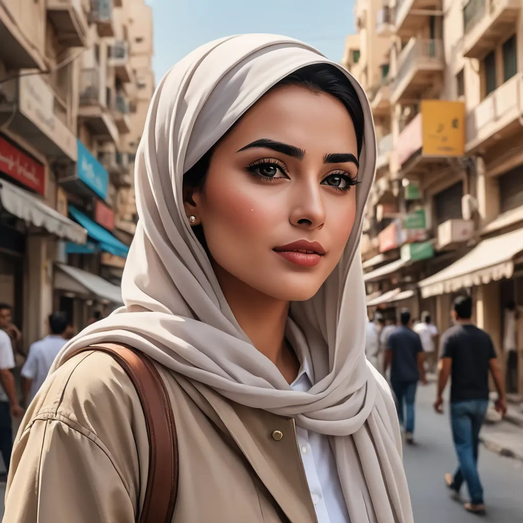 a woman in a headscarf is standing on a street corner in a city with people walking around, hurufiyya, a photorealistic painting, Elina Karimova, girl