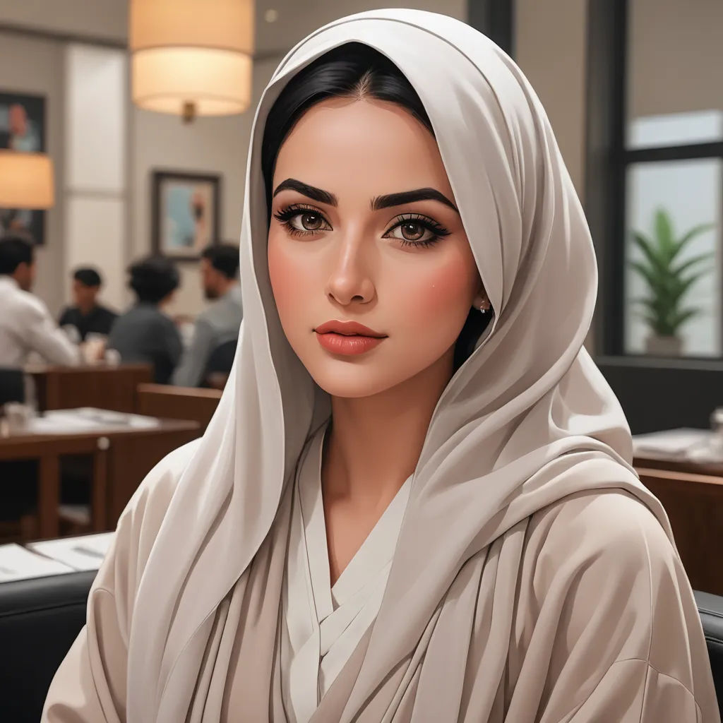 a woman in a hijab sitting in a restaurant with a man in the background looking at the camera, qajar art, a photorealistic painting, Amir Zand, ultra realistic digital art