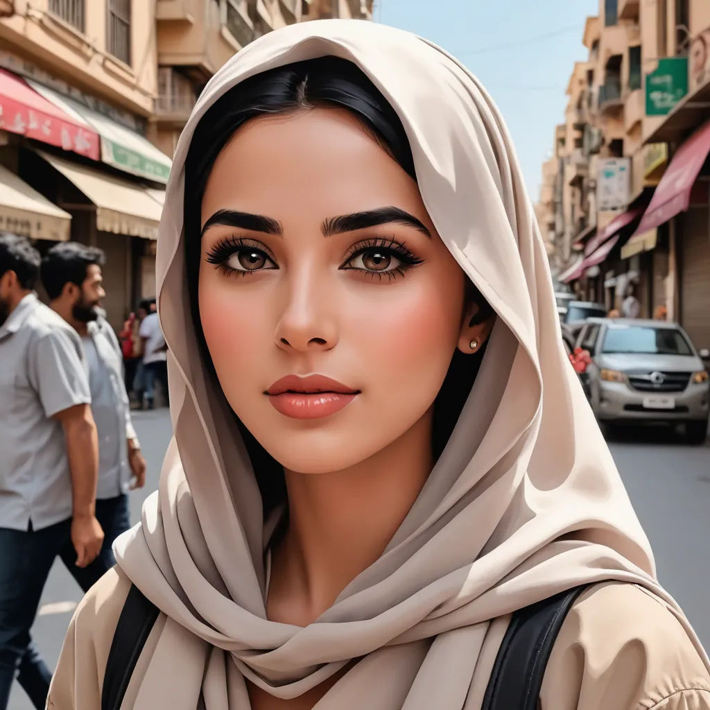 a woman with a headscarf on a city street with people walking by and a car in the background, hurufiyya, a photorealistic painting, Elina Karimova, perfect face