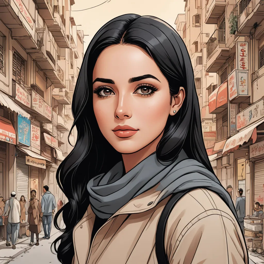 a woman with long black hair and a scarf on her neck is standing in a street with people walking by, photorealism, a comic book panel, Artgerm, stanley artgerm lau