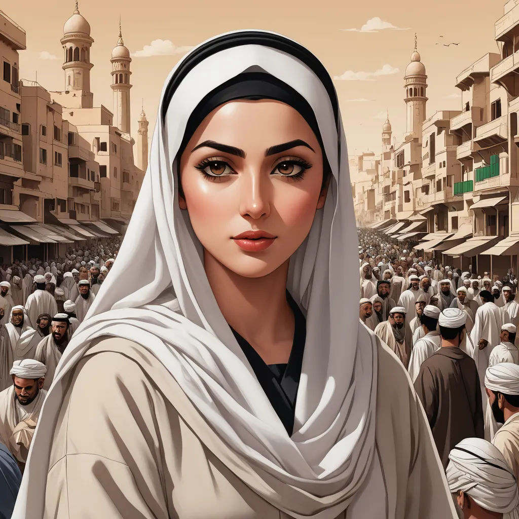 a woman in a white headscarf is surrounded by a crowd of people in a city square,, fantasy art, a detailed painting, Amir Zand, highly detailed digital painting