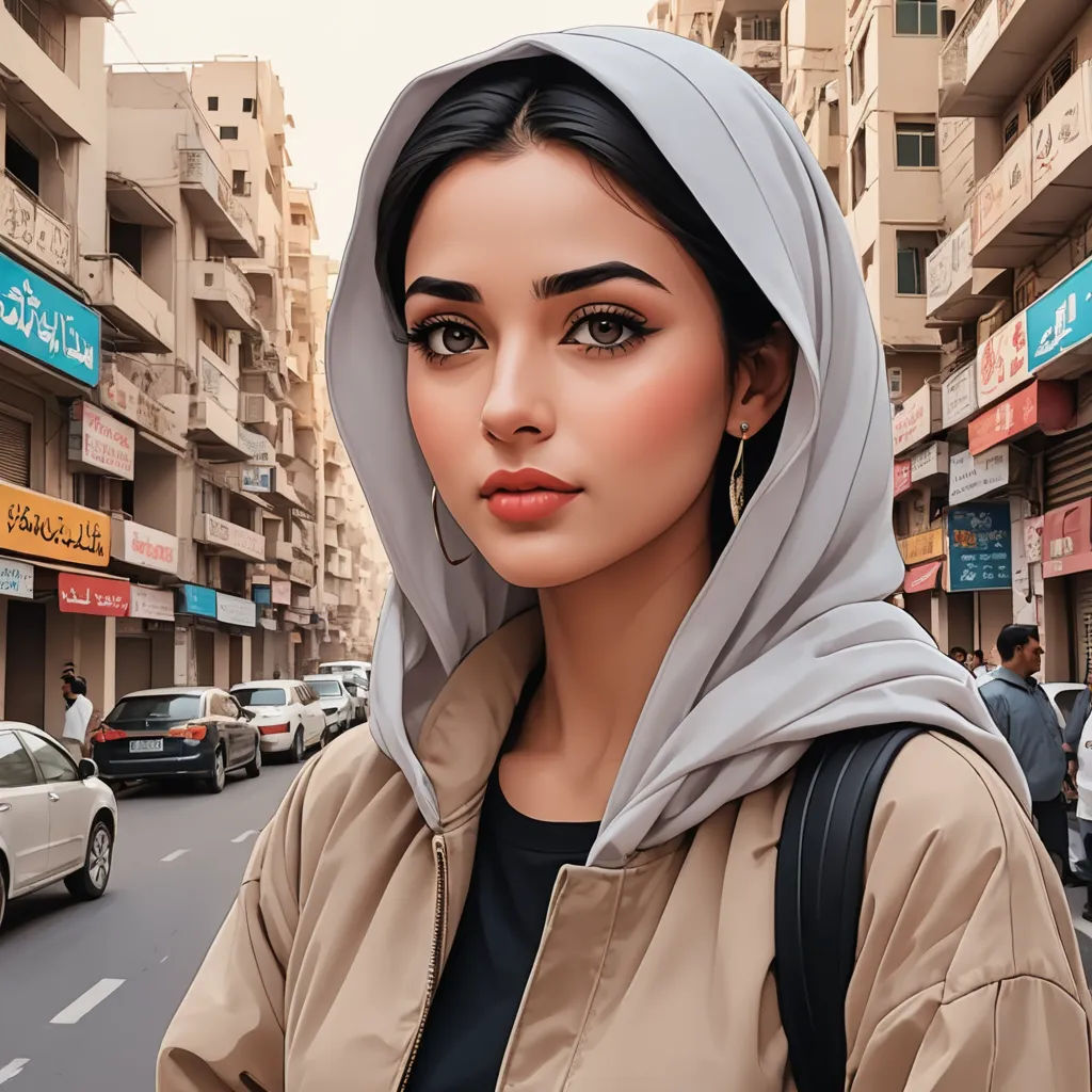 a woman with a headscarf on a street corner in a city with cars and buildings in the background, digital art, a digital painting, Elina Karimova, ultra realistic digital art