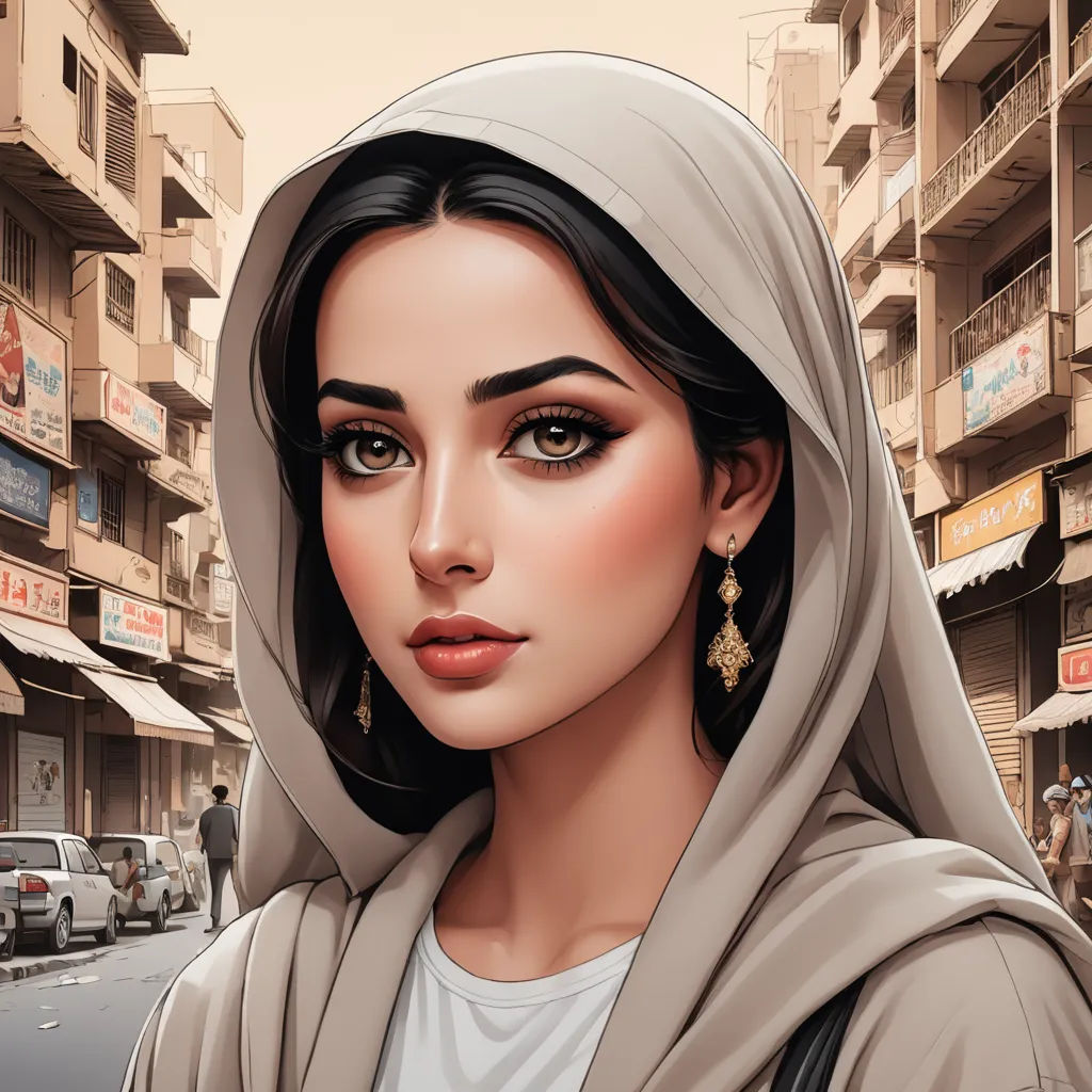 a woman with a headscarf and a hood on is standing in front of a street with cars, fantasy art, egyptian art, Charlie Bowater, trending on art station