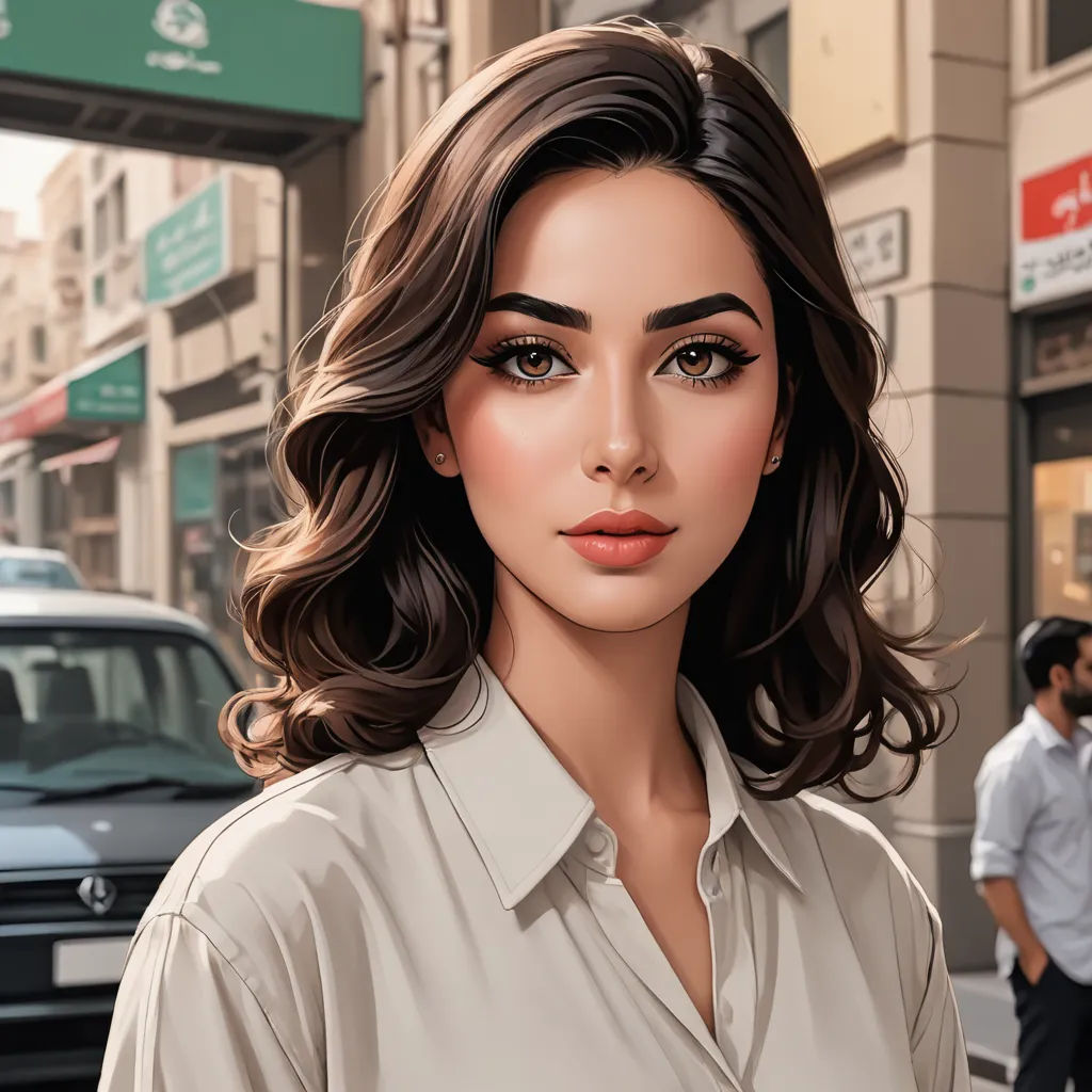 a woman with a shirt on standing in front of a building with a man in the background and a car parked on the street, photorealism, a digital painting, Elina Karimova, highly detailed digital painting
