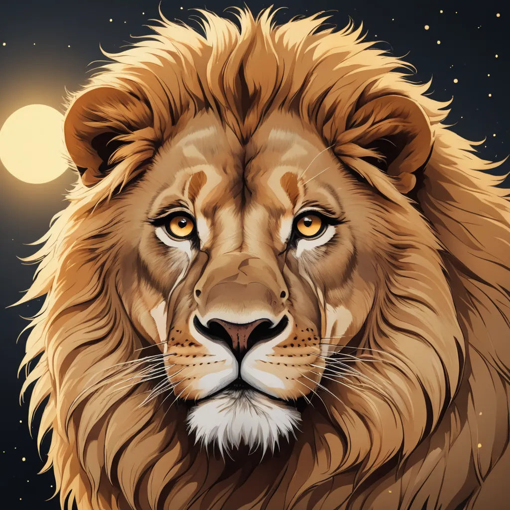 a lion with a full moon in the background and stars in the sky behind it, with a full moon in the background, furry art, a digital painting, Cyril Rolando, trending on art station