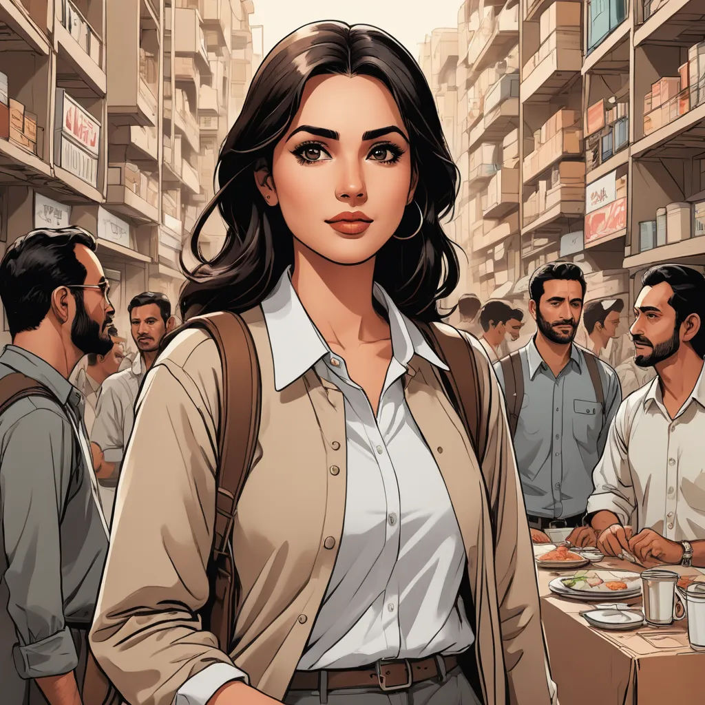 a woman standing in a crowded street with a group of people behind her, in a city setting, with a man in the background, socialist realism, a comic book panel, Asaf Hanuka, comic cover art
