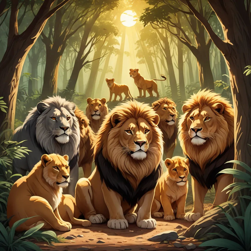 a group of lions sitting in the middle of a forest with a sun shining through the trees behind them, furry art, an album cover, Chris LaBrooy, official art