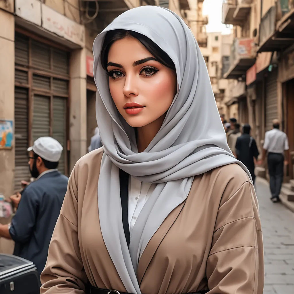 a woman in a hijab is standing on a street corner with a suitcase in her hand and people walking by, hurufiyya, egyptian art, Elina Karimova, neutral colors