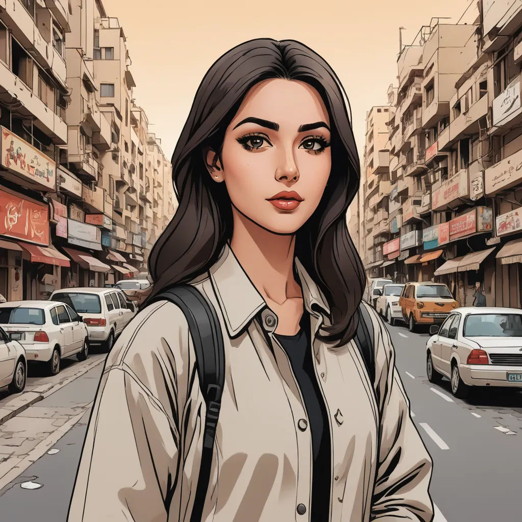 a woman standing on a street with a backpack on her shoulder and cars parked on the side of the street, aestheticism, a comic book panel, Alena Aenami, anime art style