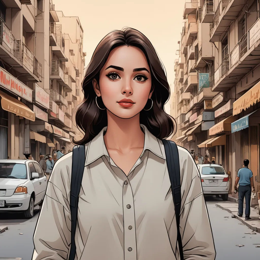 a woman standing in the middle of a street with a backpack on her shoulder and a man walking behind her, serial art, a comic book panel, Alena Aenami, city background