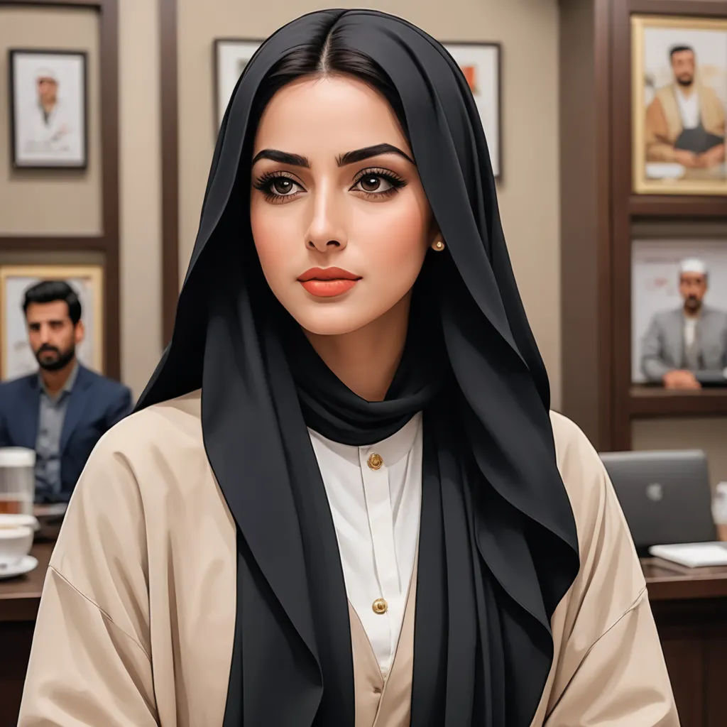 a woman in a black scarf sitting at a desk with a laptop computer and other people in the background, hurufiyya, a photorealistic painting, Elina Karimova, professional digital painting